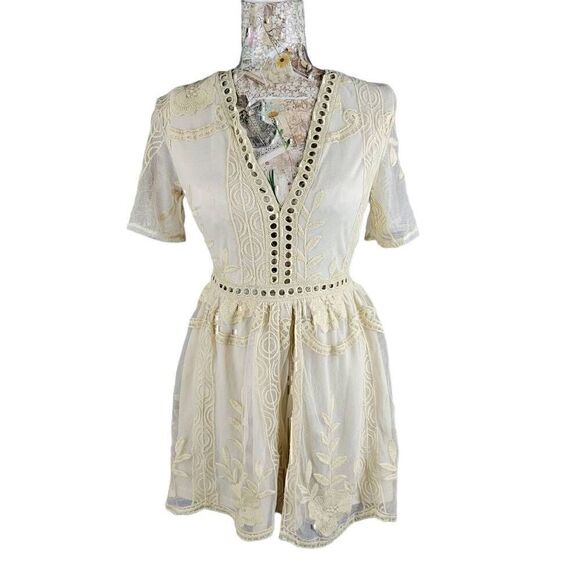 Alythea Sheer Embroidered Neutral Feminine Cottagecore Dress Shorts Romper - Picture 10 of 10